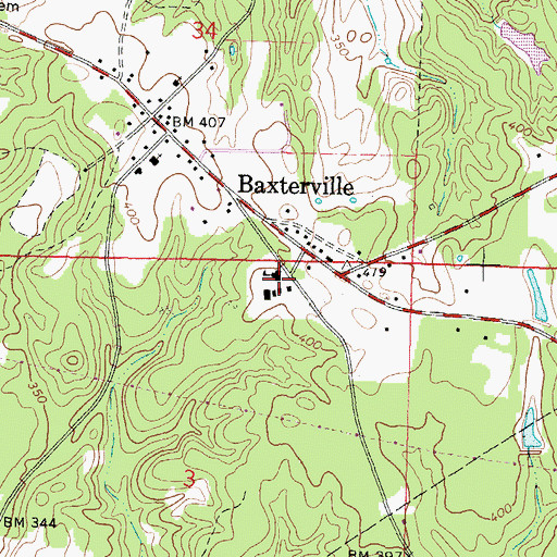 Topographic Map of Baxterville Attendance Center, MS