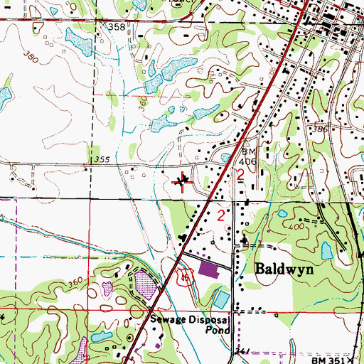 Topographic Map of Baldwyn Hospital, MS