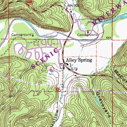 Topographic Map of Alley Spring, MO