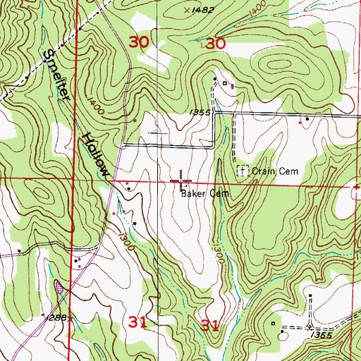 Topographic Map of Baker Cemetery, MO