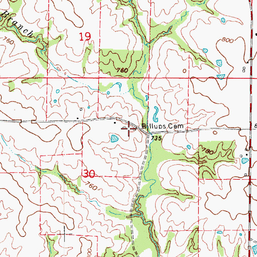Topographic Map of Billups Cemetery, MO