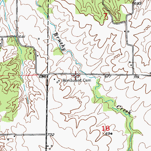 Topographic Map of Bondurant Cemetery, MO