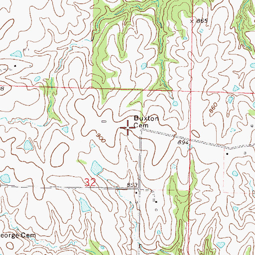 Topographic Map of Buxton Cemetery, MO