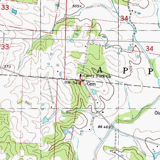 Topographic Map of Caney Fork Church, MO
