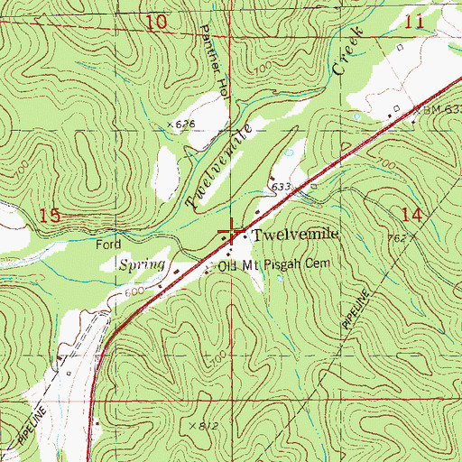Topographic Map of Twelvemile, MO
