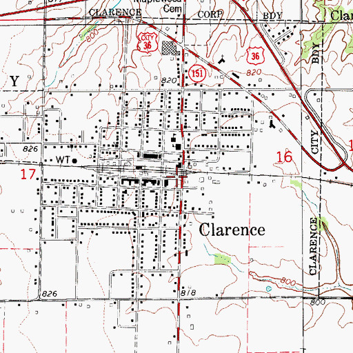 Topographic Map of Clarence, MO