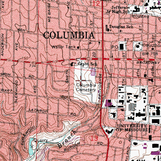 Topographic Map of Columbia Cemetery, MO