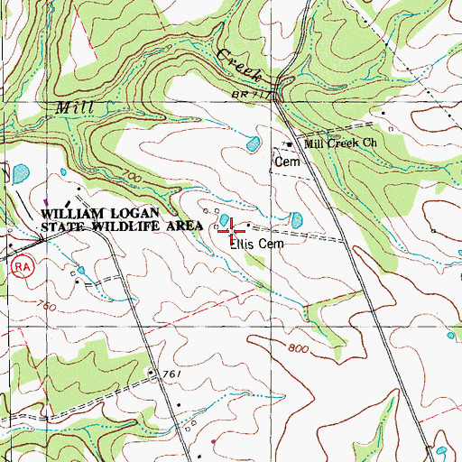 Topographic Map of Ellis Cemetery, MO