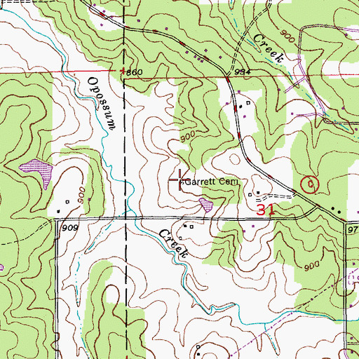 Topographic Map of Garrett Cemetery, MO