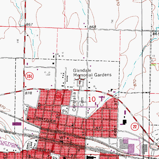 Topographic Map of Glendale Memorial Gardens, MO