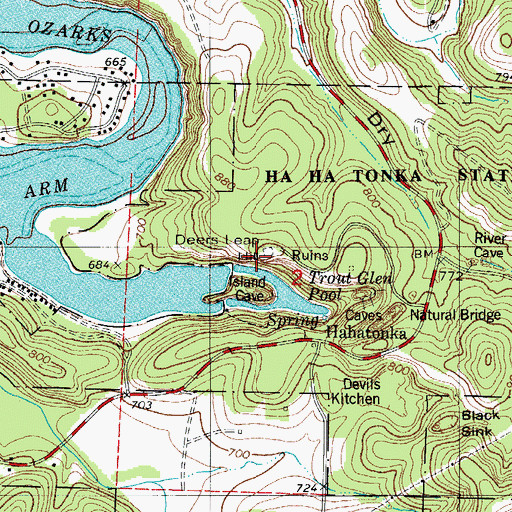 Topographic Map of Hahatonka Castle, MO