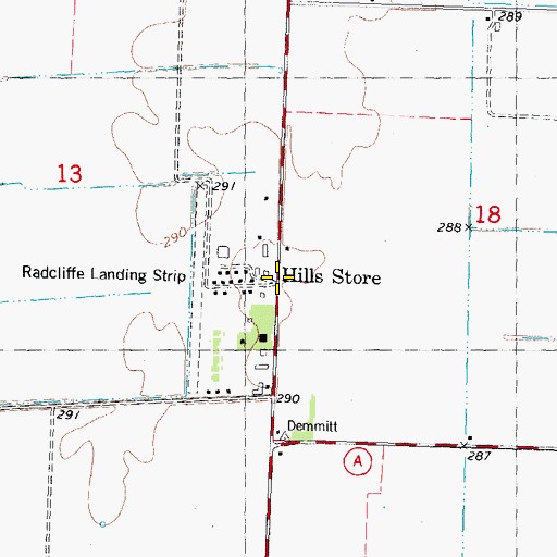 Topographic Map of Hills Store, MO