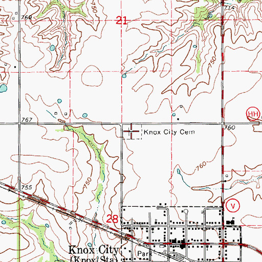 Topographic Map of Knox City Cemetery, MO