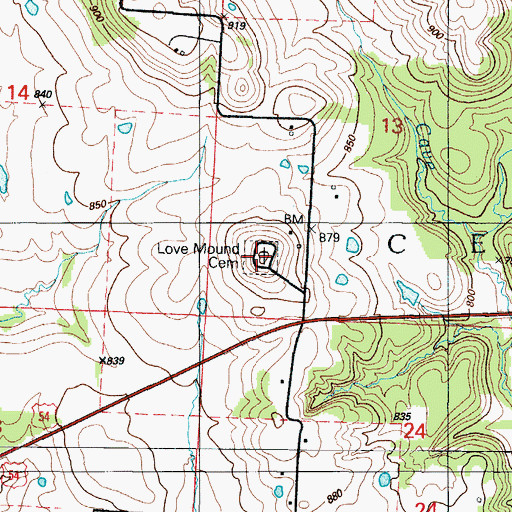 Topographic Map of Love Mound Cemetery, MO
