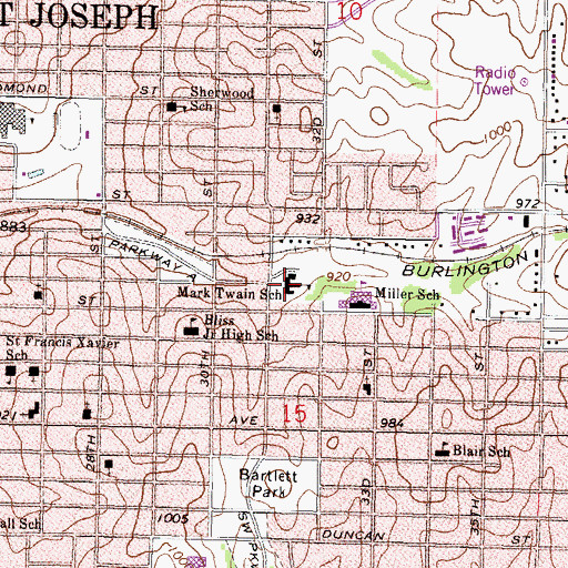Topographic Map of Mark Twain Elementary School, MO