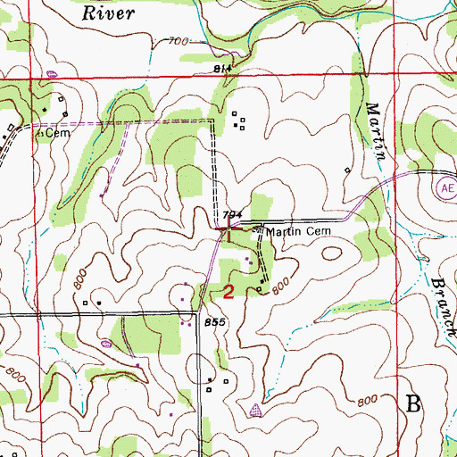 Topographic Map of Martin Cemetery, MO