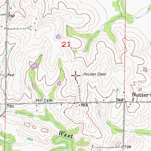 Topographic Map of Nutter Cemetery, MO