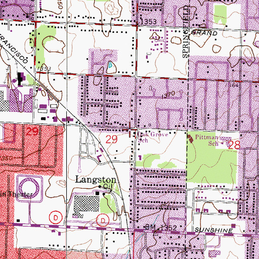 Topographic Map of Oak Grove School, MO