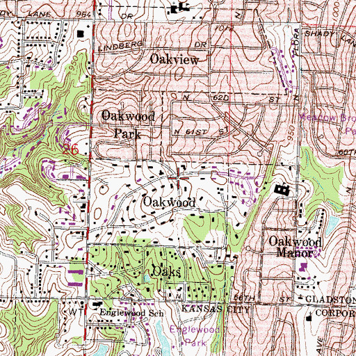Topographic Map of Oakwood, MO