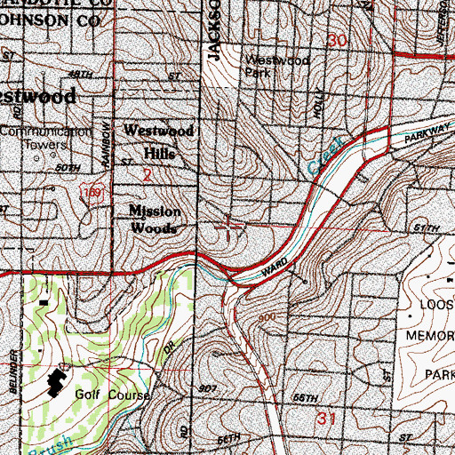 Topographic Map of Pembroke Hill School Ward Parkway Campus, MO