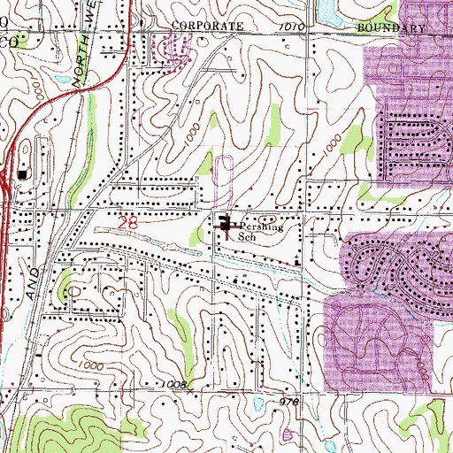 Topographic Map of John J Pershing Elementary School, MO