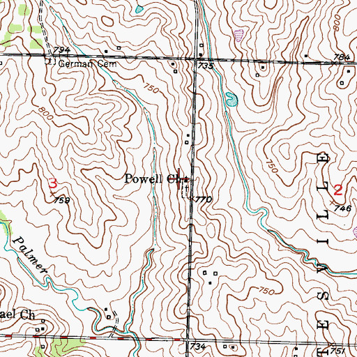 Topographic Map of Powell Church, MO