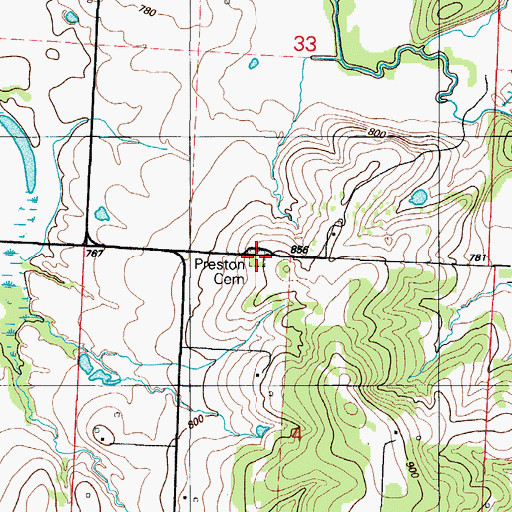 Topographic Map of Preston Cemetery, MO