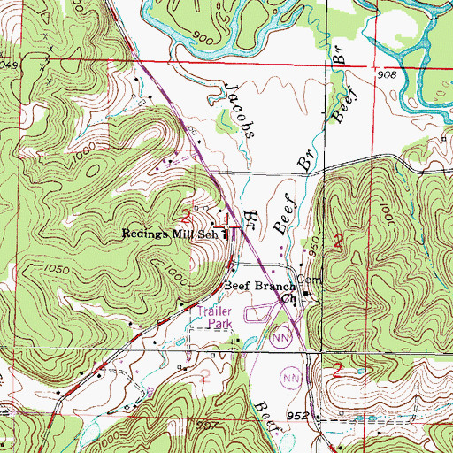 Topographic Map of Redings Mill School, MO