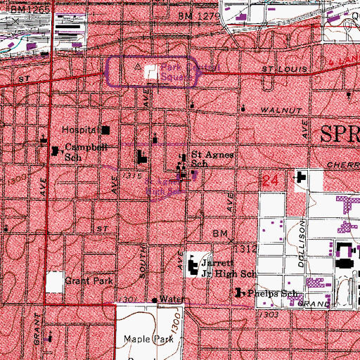Topographic Map of Saint Agnes High School, MO