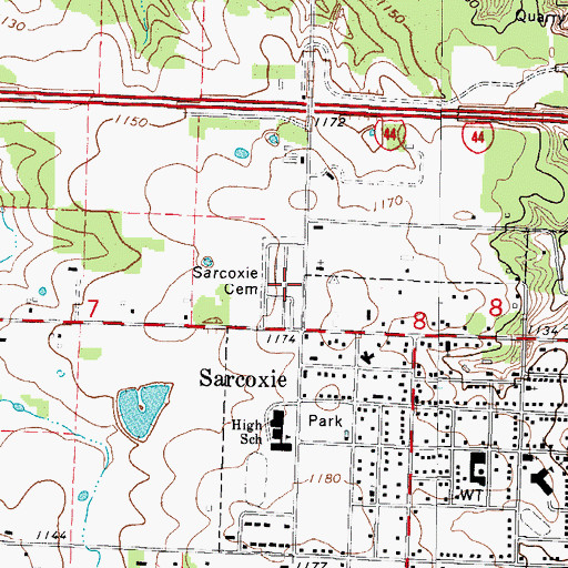 Topographic Map of Sarcoxie Cemetery, MO