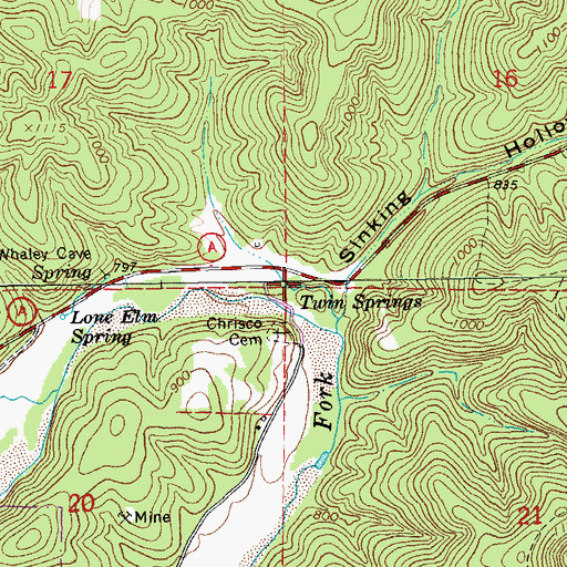 Topographic Map of Twin Springs, MO