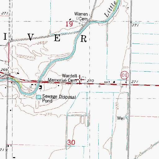 Topographic Map of Wardell Memorial Cemetery, MO