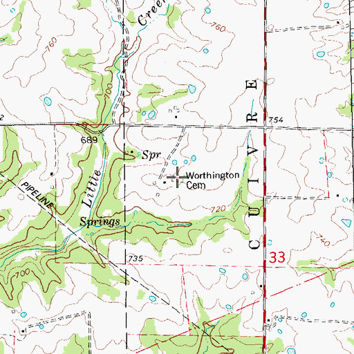 Topographic Map of Worthington Cemetery, MO
