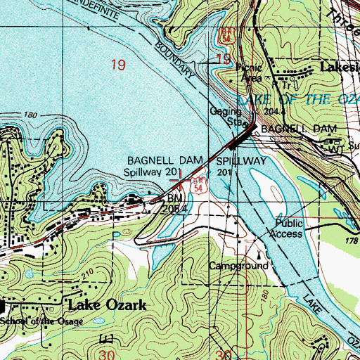 Topographic Map of Bagnell Dam, MO