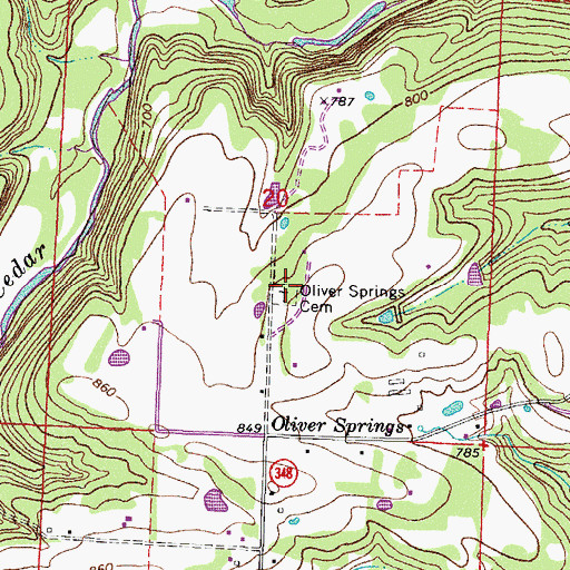 Topographic Map of Oliver Springs Cemetery, AR