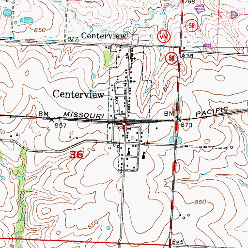 Topographic Map of Centerview, MO