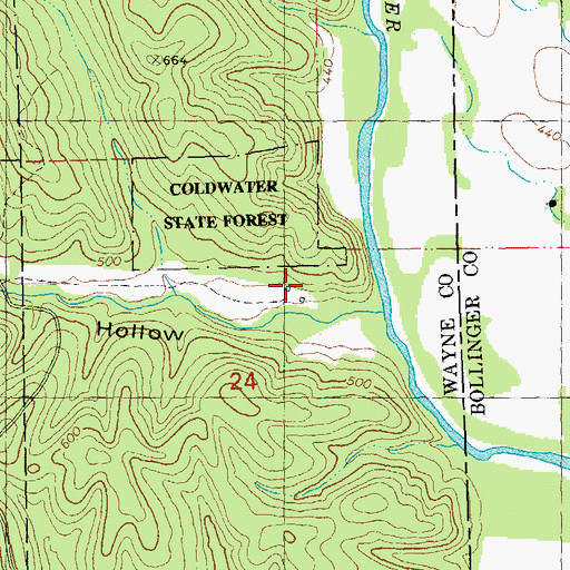 Topographic Map of Thompson Hollow School, MO