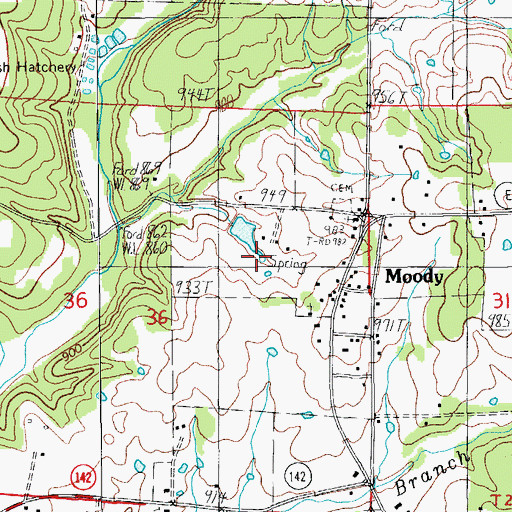 Topographic Map of Moody Spring, MO