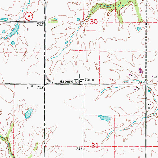 Topographic Map of Asbury Church, MO