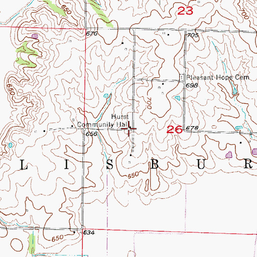 Topographic Map of Hurst Community Hall, MO