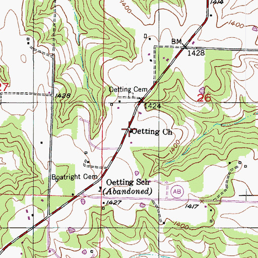 Topographic Map of Oetting Church, MO