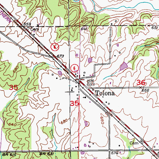 Topographic Map of Tolona, MO