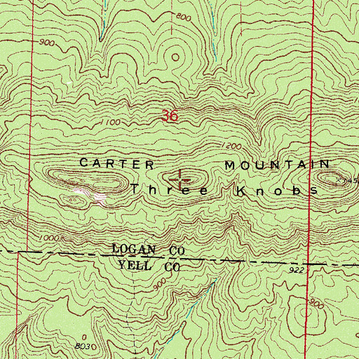 Topographic Map of Three Knobs, AR