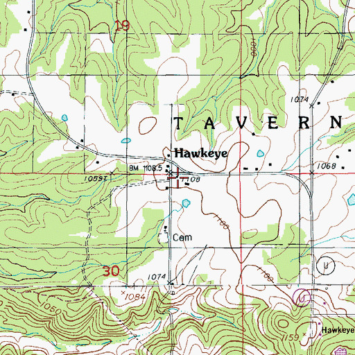 Topographic Map of Hawkeye, MO