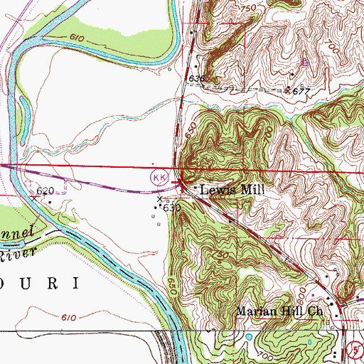 Topographic Map of Lewis Mill, MO