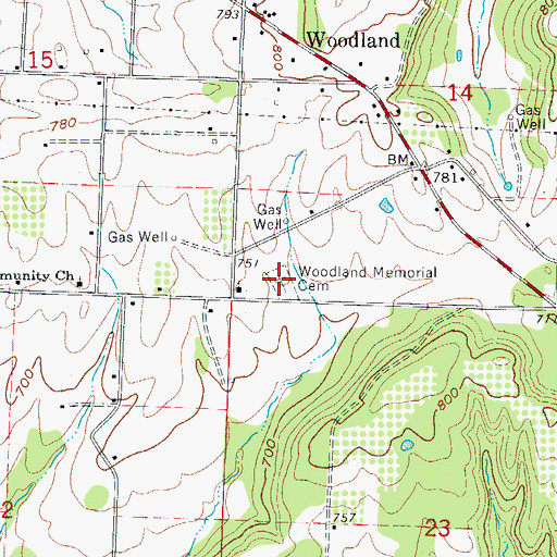 Topographic Map of Woodland Memorial Cemetery, AR