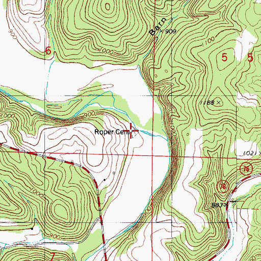 Topographic Map of Roper Cemetery, MO