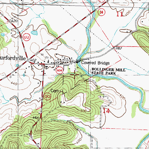 Topographic Map of Bollinger Mill State Park, MO