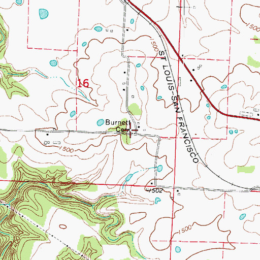 Topographic Map of Burnett Cemetery, MO