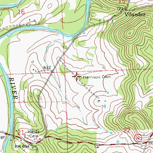 Topographic Map of Harrison Cemetery, MO
